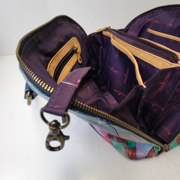 ANUSCHKA  5 Compartments Bag Handpainted Leather Floral Tote Blue Lilies Handbag - Picture 15 of 16